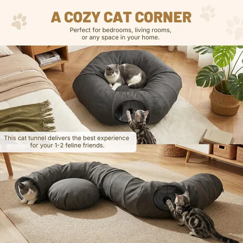 Vista 3 de Cama túnel para gatos de interior, túnel de lino natural refrescante para gatos, túnel transpirable de 29.5 pulgadas para gatos con tapete lavable