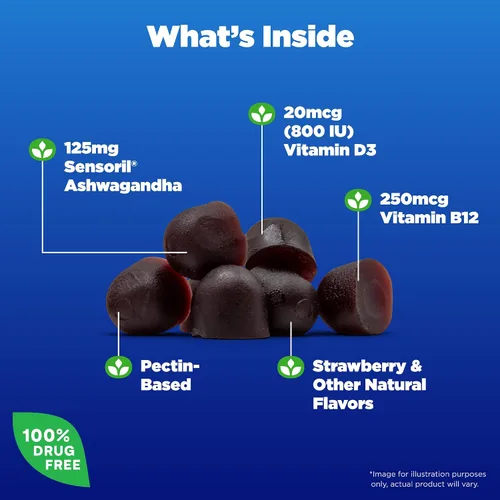 Vista 2 de Natrol Ashwagandha - Gomitas completas, soporte diario de estrés 3 en 1, apoya un mejor estado de ánimo, reduce el estrés ocasional y la fatiga, 30