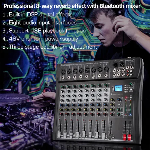 Vista 8 de Depusheng DT8 Mezclador profesional, tablero de sonido, consola de 8 canales, interfaz de sistema de escritorio, USB digital, entrada de computadora