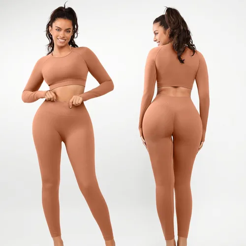 Vista 4 de Cosmolle Workout Long Sleeve Outfits for Women Tummy Control Gym Outfit 2 Piece Set Yoga High Waist Leggings Ribbed Seamless