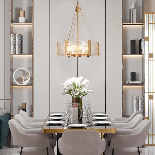 Vista 3 de ZEVNI Candelabro de tambor dorado, lámpara de cristal dorado para isla de cocina, lámpara moderna de 6 luces para comedor, entrada, vestíbulo