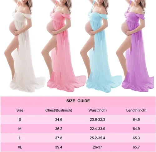 Vista 6 de ZIUMUDY Vestido de gasa de maternidad con hombros descubiertos para sesión de fotos, vestido largo de encaje frontal dividido para fotografía