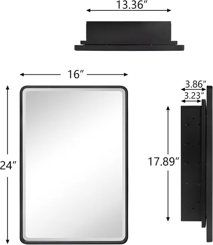 Vista 9 de TEHOME Botiquín de baño empotrado con marco de metal dorado cepillado con espejo rectangular redondeado con espejo biselado de 16 x 24 pulgadas