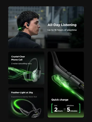 Vista 6 de HAKII Light 2 Auriculares abiertos de oído abierto, IPX5 Auriculares para correr con cuerda de baliza ultra brillante de 180°, BT 6.0, tiempo