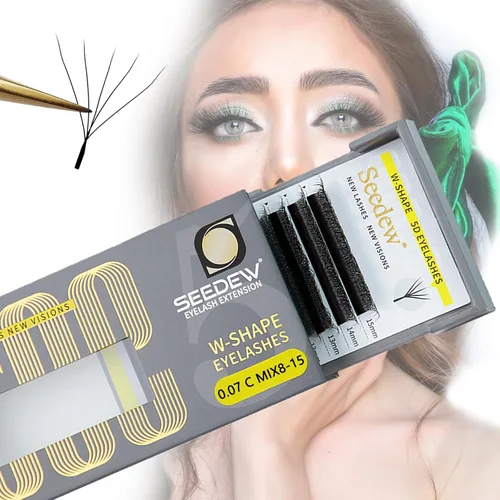 Vista 70 de Extensiones de pestañas 3D, rizo LU/M de 0.003 in, MIX8-0.591 in, 12 filas por bandeja, tallo plano en forma de W, injerto de pestañas natural PBT