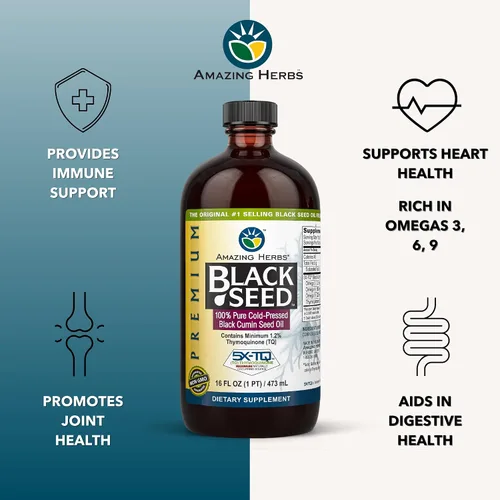 Vista 2 de Amazing Herbs Aceite de semilla negra de alta calidad, sin gluten, sin OMG, prensado en frío, Nigella sativa ayuda a la salud digestiva, apoyo