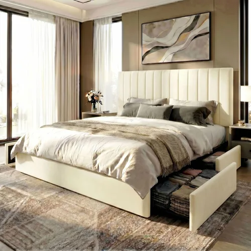 Vista 10 de SHA CERLIN Base de cama de plataforma tamaño matrimonial con 4 cajones de almacenamiento, cabecera acolchada vertical con diseño acanalado