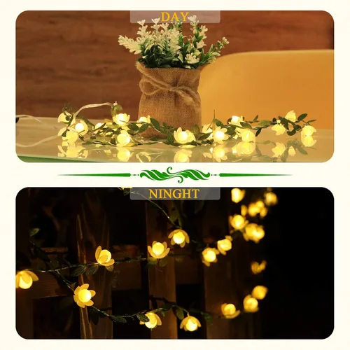 Vista 3 de Vigdur Paquete de 2 guirnaldas de luces de vid, guirnalda de hojas pequeñas con flores blancas alimentadas por batería para interiores y exteriores