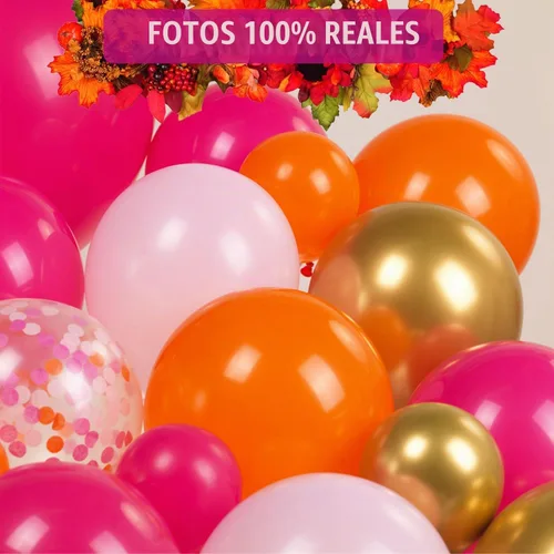 Vista 8 de Kit de guirnalda de globos de arco de globos de color rosa y naranja, globos de confeti dorado rosa intenso, globos magenta para verano tropical