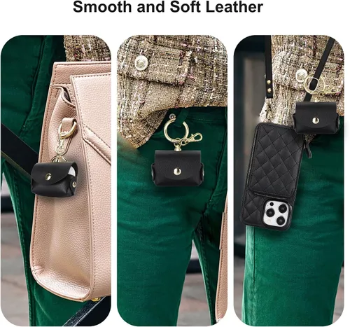 Vista 8 de Bocasal Una elegante funda tipo cartera cruzada para iPhone 14 Pro Max + una funda delgada de cuero para AirPods Pro