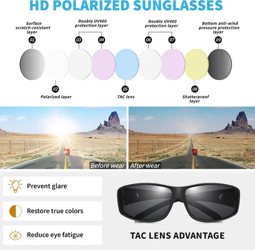 Vista 6 de URUMQI Polarized Sunglasses Fit Over Glasses for Men Women, Wrap-around Driving Sunglasses 100% UV Protection