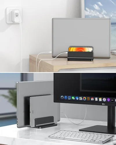 Vista 6 de OMOTON Soporte vertical para computadora portátil [versión doble actualizada], soporte de escritorio de aluminio para Mac Book con base ajustable