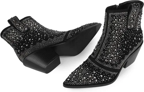 Vista 3 de ISNOM Botas vaqueras con diamantes de imitación, botines brillantes con punta puntiaguda y diseño de tacón grueso