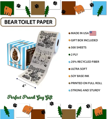 Vista 3 de Printed TP Beware of Bear Poop - Papel higiénico impreso para broma, sorpresa, decoración de baño, regalo novedoso para hombres, mujeres, amigos