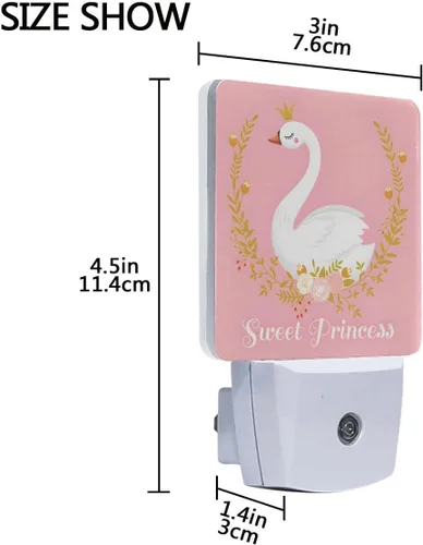 Vista 4 de Paquete de 2 lámparas LED de luz nocturna enchufables con impresión de princesa cisne con sensor de atardecer a amanecer para dormitorio, baño