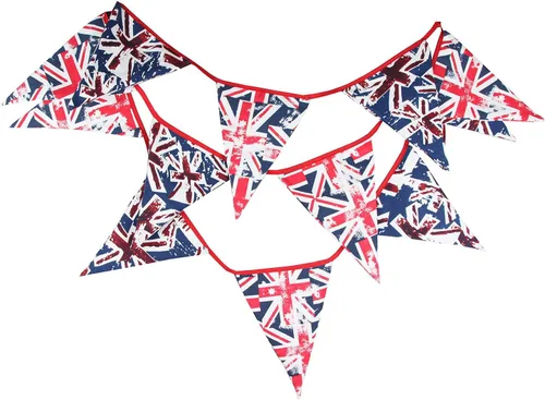 Vista 7 de Bandera de lona de 12 pies de largo con 12 banderas triangulares, banderines británicos, decoración de fiesta, bandera patriótica británica