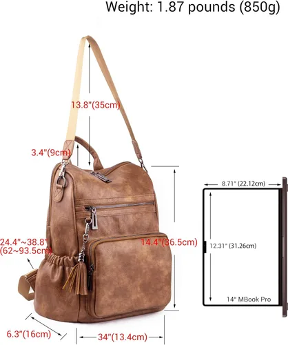 Vista 6 de Mochila de cuero para mujer, diseño de moda, bolsa de hombro convertible con borlas, Marrón, Mochilas Tote