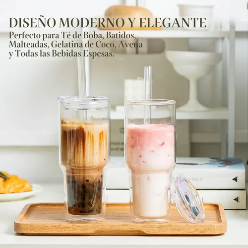 Vista 2 de KEMORELA Juego de 2 vasos de vidrio de doble pared de 28 onzas, popotes reutilizables extra anchos de 0.512 in, vaso Boba, vasos de agua de boca