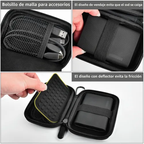Vista 5 de GWCASE - Funda para Samsung T9/T7/T7 Shield SSD, antigolpes, color negro Anti-Shock Bubble Lining; Elastic Band + Carabiner; Mesh Pocket for