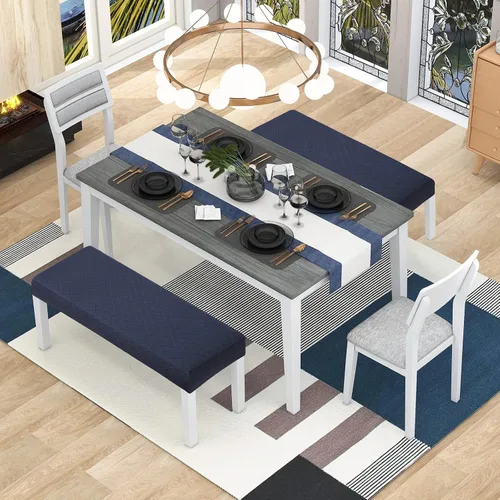 Vista 2 de YISUN Fundas de banco para comedor de Jacquard, funda elástica lavable y extraíble para banco, protector de asiento rectangular para bancos de Azul