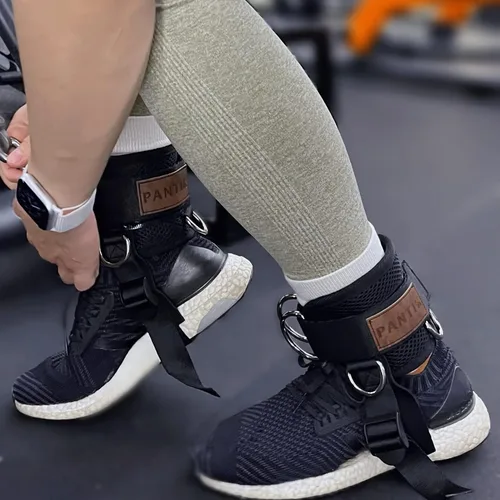 Vista 6 de Correa de tobillo para máquina de cable, accesorios de tobillo ajustables para gimnasio, ajuste cómodo, neopreno acolchado de acero con doble anillo