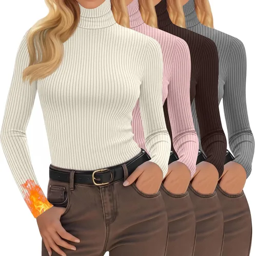 Vista 7 de Oakgarden Paquete de 4 camisetas térmicas de cuello alto para mujer, de manga larga, acanaladas, de algodón, ajustadas, capa base, ropa