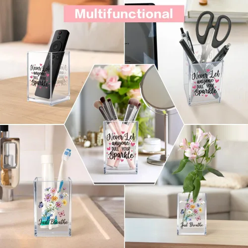 Vista 6 de Girl Power Paquete de 2 Portavasos de Lápiz Cosmético de Acrílico, Organizador de Brochas de Maquillaje Inspiracional Hope, Regalos de Fe