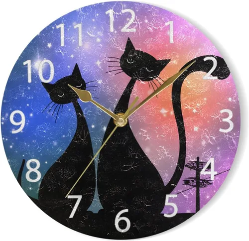 Vista 7 de senya Reloj de pared redondo con diseño de gatos mágicos, pintura al óleo silenciosa que no hace tictac, decorativo para el hogar, oficina, escuela