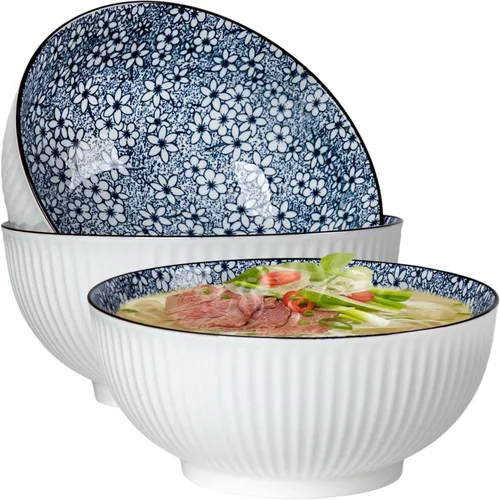 Vista 13 de QINLANG Juego de 3 cuencos grandes de sopa Pho & Ramen, 60 onzas, cuencos grandes de porcelana azul y blanca, patrón a rayas