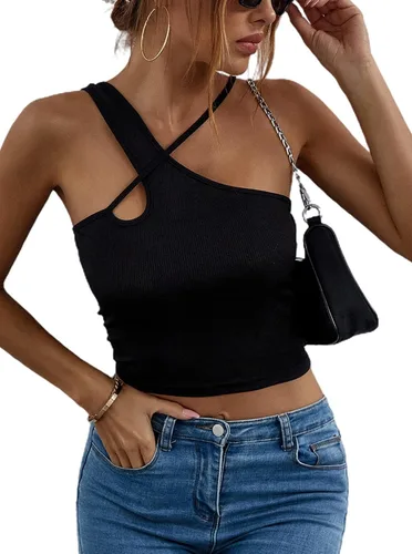 Vista 3 de Remidoo Top corto sexy con tirantes asimétricos y corte de punto acanalado para mujer
