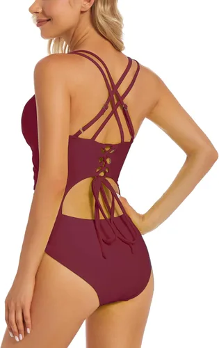 Vista 2 de Traje de baño de una pieza mejorado para mujer, trajes de baño con control de abdomen, diseño único sexy con espalda cruzada, traje de baño fruncido