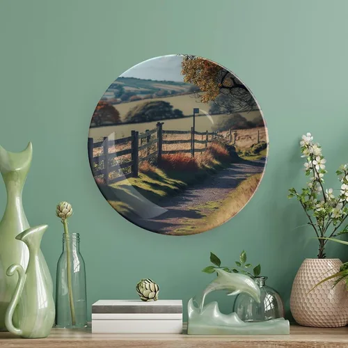 Vista 5 de Platos decorativos de pintura de paisaje de árboles de montaña otoñal, platos decorativos para decoración del hogar, platos de cena de temporada