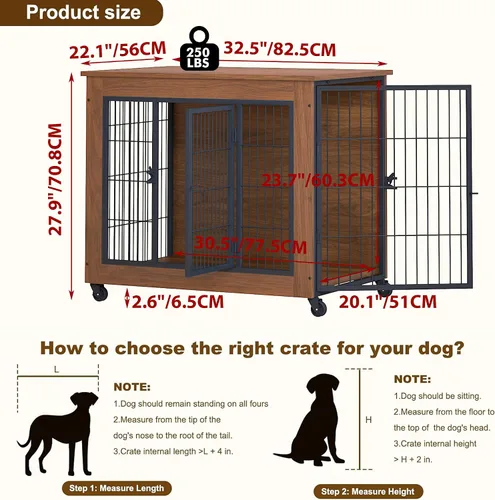 Vista 3 de Mueble de jaula para perros de 32.5 pulgadas con ruedas, mesa de madera resistente para perreras, jaula para mascotas de interior con 2 puertas