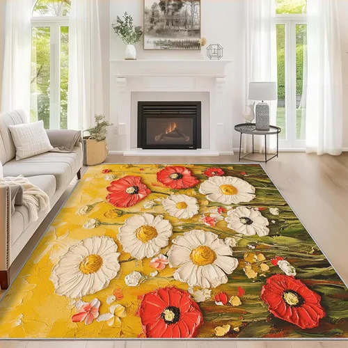 Vista 2 de Daisy Rugs for Entryway, 2x3 ft, Oil Painting Flower Area Rugs for Bedroom Kitchen Entrance, Soft Non Slip Washable Botanical Floral Indoor Door Mat