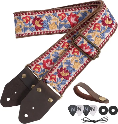 Vista 16 de Nefelibata Correa de guitarra, correas de guitarra de algodón bordado jacquard con extremos de cuero de caballo loco para bajo, eléctrico