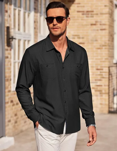 Vista 2 de COOFANDY Camisas casuales con botones para hombre, camisas de cambray de manga larga sin arrugas