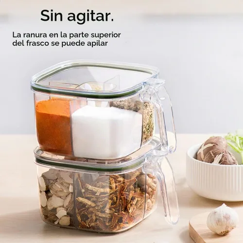 Vista 5 de Caja de condimentos transparente, 4 compartimentos sellados con tapa, tarros de condimentos con tapa y cucharas de servir, tarros de condimentos