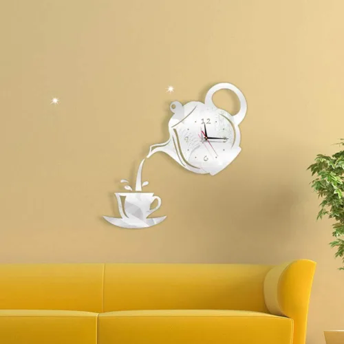 Vista 5 de Kit de reloj de pared sin marco, silencioso, sin tictac, grande, 3D, moderno, creativo, tetera, con espejo, calcomanías de número para sala
