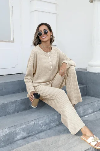 Vista 5 de Conjunto de 2 piezas para mujer, sudadera de gran tamaño con botones y pantalones de descanso a juego