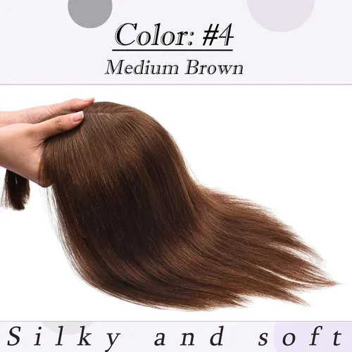 Vista 3 de Toppers para el cabello para mujeres con cabello delgado, base de seda real con flequillo, toppers para mujer, con clip en el cabello para mujer