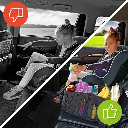 Vista 5 de Organizador de automóvil para niños de fácil acceso con caja de pañuelos y portavasos para asiento trasero, asiento delantero, entre asientos, piso