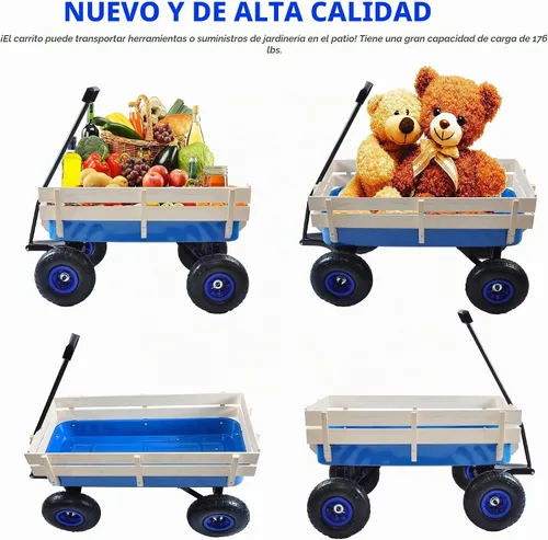 Vista 6 de Carro de carga de acero resistente con soporte lateral de madera con neumáticos todo terreno de 10", capacidad de arrastre de hasta 176lb, carro Azul