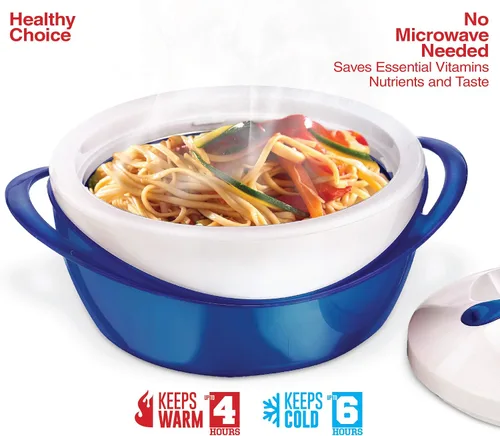 Vista 4 de Pinnacle Cacerola Grande Aislada con Tapa de 2.6 cuartos. Elegante Olla Caliente Calentador/Enfriador de Alimentos – Tazón Térmico para Servir Azul