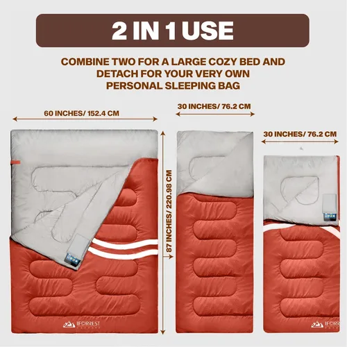 Vista 6 de IFORREST Saco de dormir doble para adultos, para 2 personas, clima frío (3-4 estaciones), cama de campamento, extra ancho y cálido, tamaño Queen XL