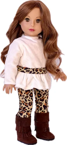 Vista 3 de Ropa Dol de 18 pulgadas, Safari de moda, traje de muñeca de 3 piezas de 18 pulgadas, túnica de terciopelo marfil, leggings de guepardo y botas