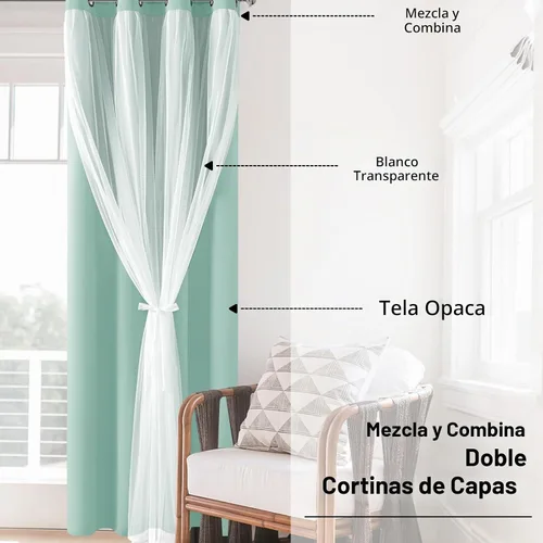 Vista 5 de Hiasan Cortinas opacas con superposición transparente, con ojales, aislamiento térmico, para mezclar y combinar, cortinas de ventana de doble capa