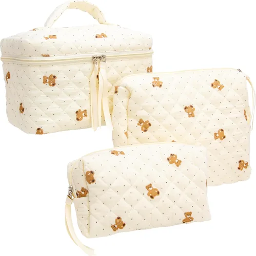 Vista 24 de PAZIMIIK - Bolsa de maquillaje de algodón para mujer, grande, acolchada para viaje, Rosa (Bow Pink), Vintage