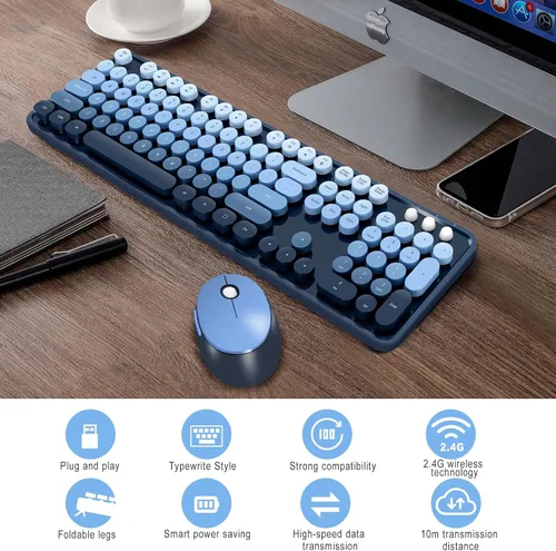Vista 4 de Combo de teclado y mouse inalámbricos, teclas redondas retro, lindo teclado de tamaño completo, conexión sin abandono de 2.4 GHz y mouse óptico