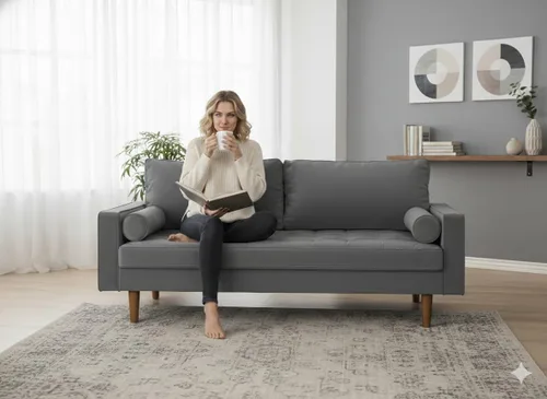Vista 45 de Container Furniture - Sofá de piel sintética para la sala de estar moderna con cojines extraíbles y patas de madera maciza, sofá estilo lujoso