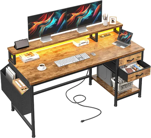 Vista 13 de DurayLoly Escritorio para juegos de 40 pulgadas con cajones y bolsa de almacenamiento, escritorio para computadora con tomas de corriente y luces